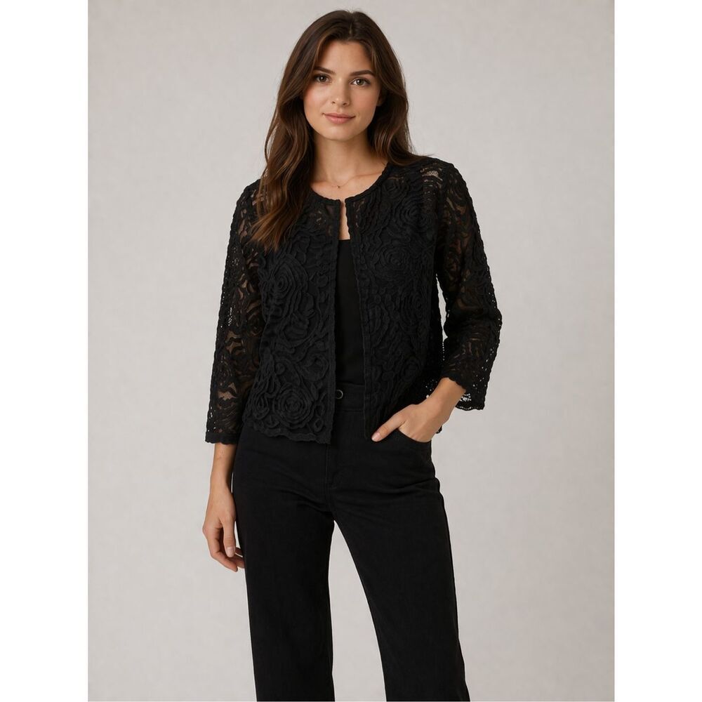 R&M Richards Black Lace Jacket – Elegant Sheer Floral Cardigan, Size 18W
